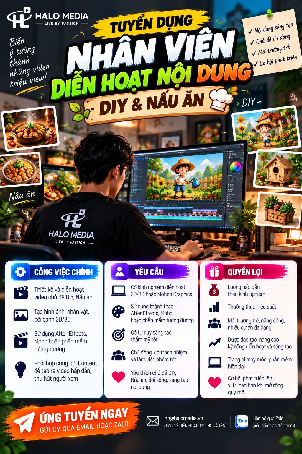 Poster tuyển dụng Nhân viên Diễn hoạt Nội dung DIY & Nấu ăn